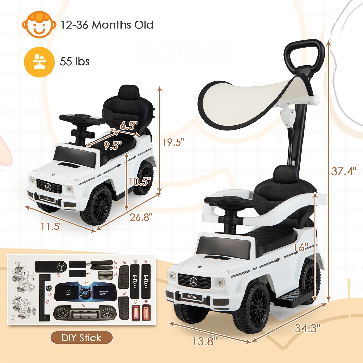 3 In 1 Ride on Push Car Mercedes Benz G350 Stroller Sliding Car with Canopy