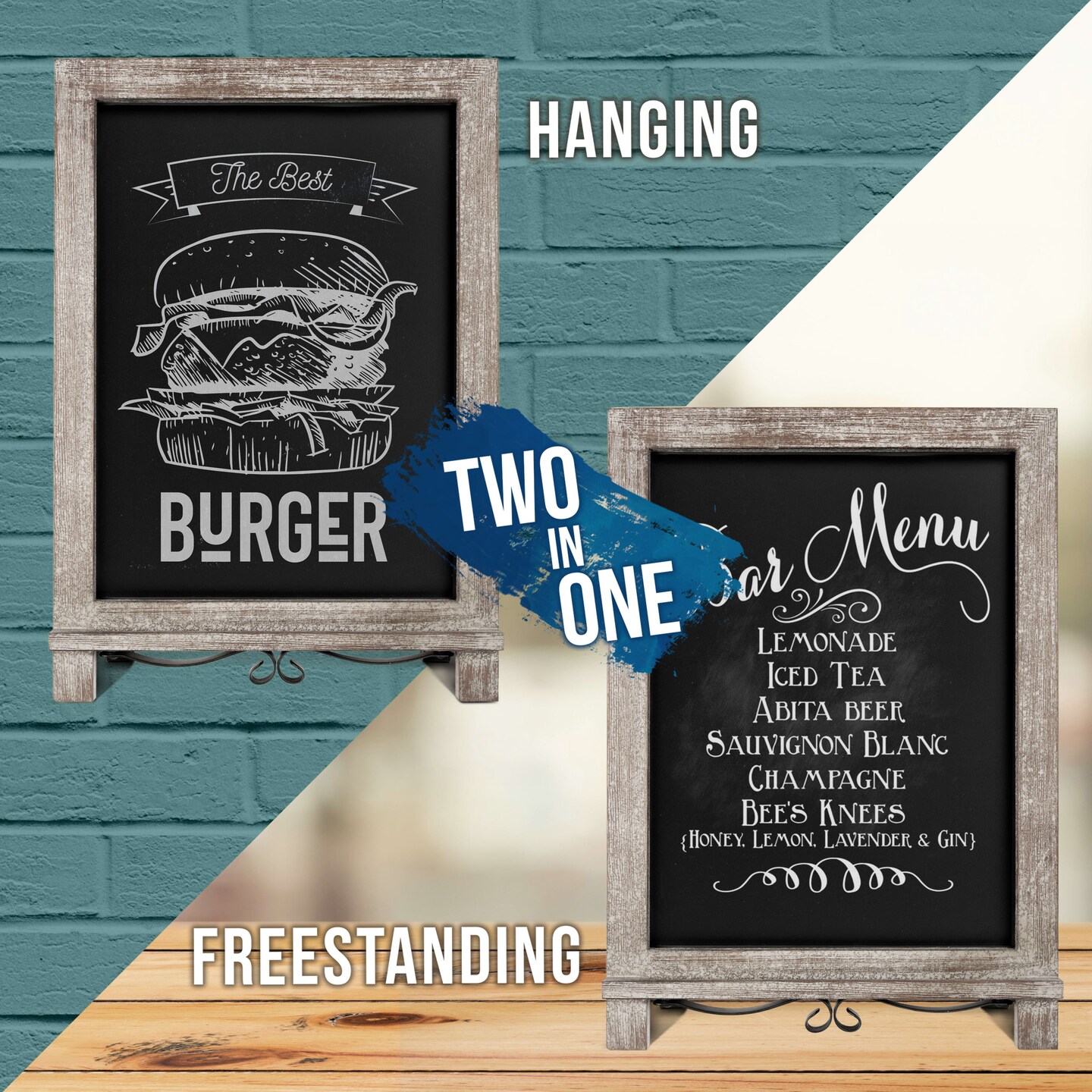 HBCY Creations Hanging or Tabletop Chalkboard with Legs/Wedding Table Sign/Kitchen Countertop Memo Board
