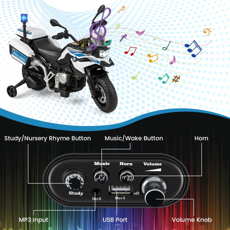 12V BMW Kids Ride On Police Motorcycle with Light and Music-White