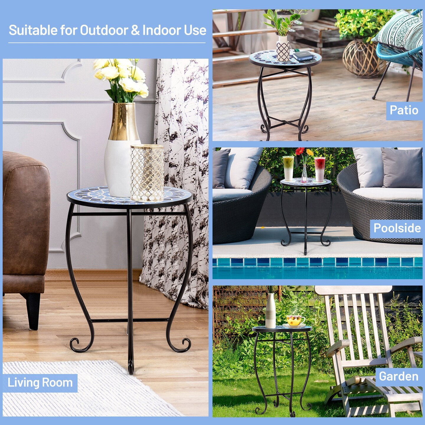 Steel Mosaic Round Accent Table for Patio Lawn Garden
