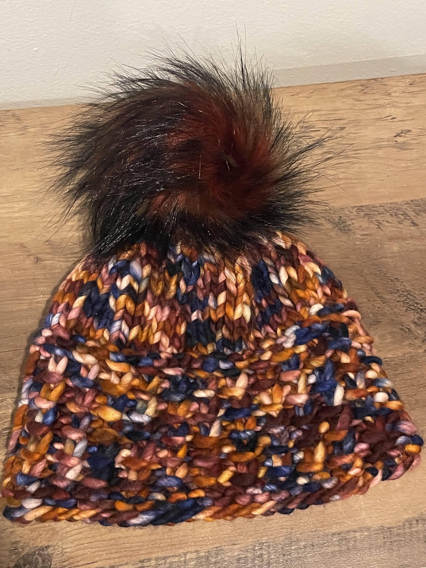 Brown Multi-Color Merino Wool Knit Hat with Faux Fur Pom Pom