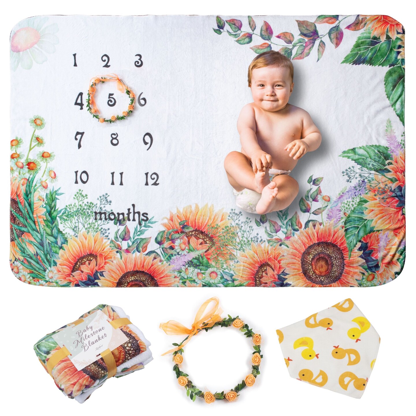 Zodaca Baby Monthly Milestone Blanket for Newborn Boy Girl Unisex Photo Blanket with Bib Wreath Gift, Sunflower 39