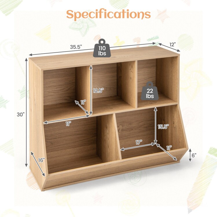 5-Cube Wooden Kids Bookshelf Organizer with 3 Upper Cubes for Books and 2 Large Cubes for Toys
