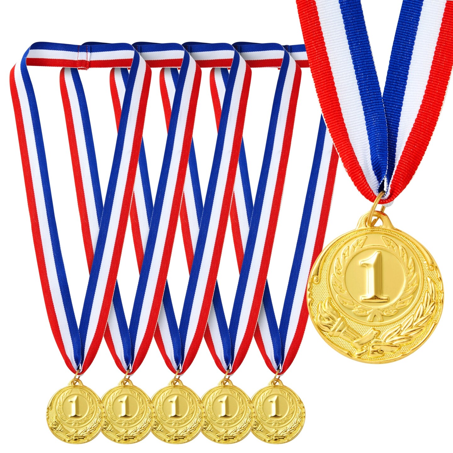 6-Pack 1st Place Winner Gold Medals for All Ages, Participation Awards with 15.5-Inch Red, White, and Blue Ribbon for Sports, Tournaments, Competitions (Metal, 2 in)