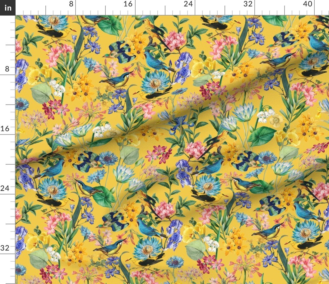 Rainforest Jungle Yellow Hand Drawn Botanical Tropical Birds Custom Printed Fabric by Spoonflower Various Fabrics by the Yard or Fat Quarter