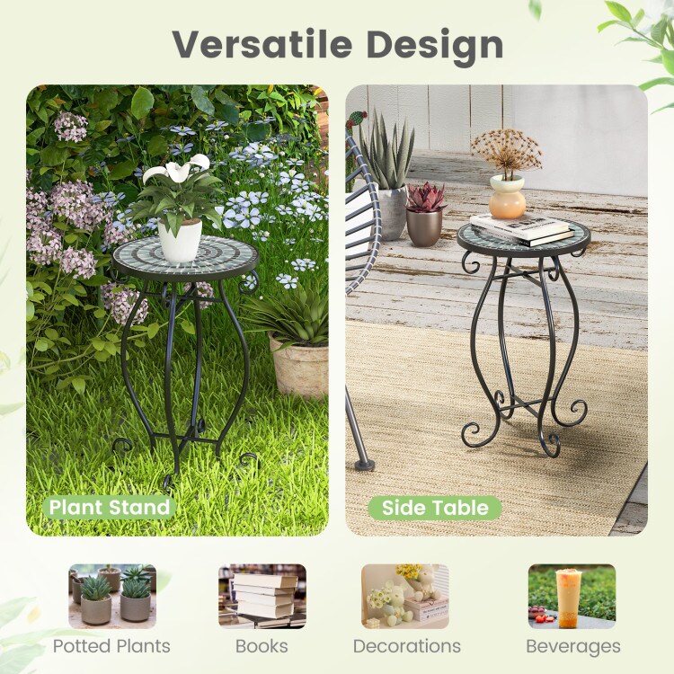 Multi-Purpose Small Plant Stand with Round Ceramic Tile Tabletop and Metal Legs