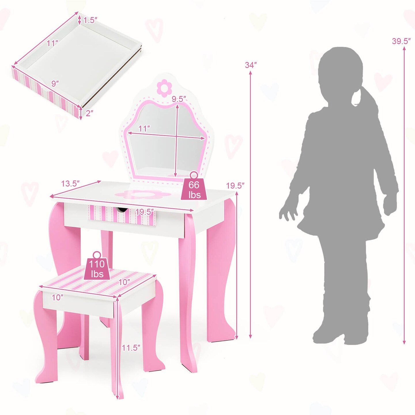 2-in-1 Toddler Vanity Set with Detachable Top and Cute Flower Patterns