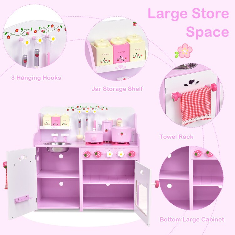 Pink -White Wooden Kids Kitchen Play-set Strawberry Cooking Toy