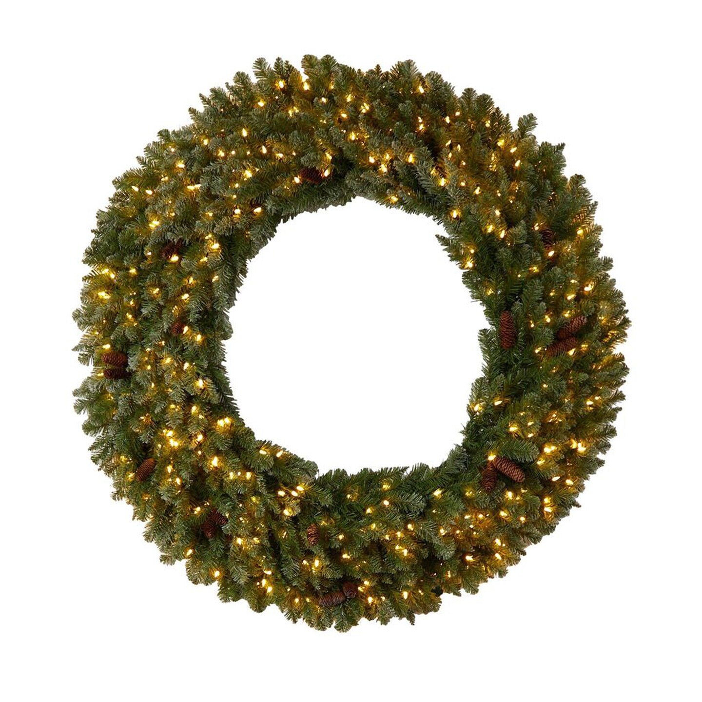 Nearly Natural 5&#x27;D Flocked Artificial Christmas Wreath with Pinecones, 300 Clear LED Lights and 680 Bendable Branches