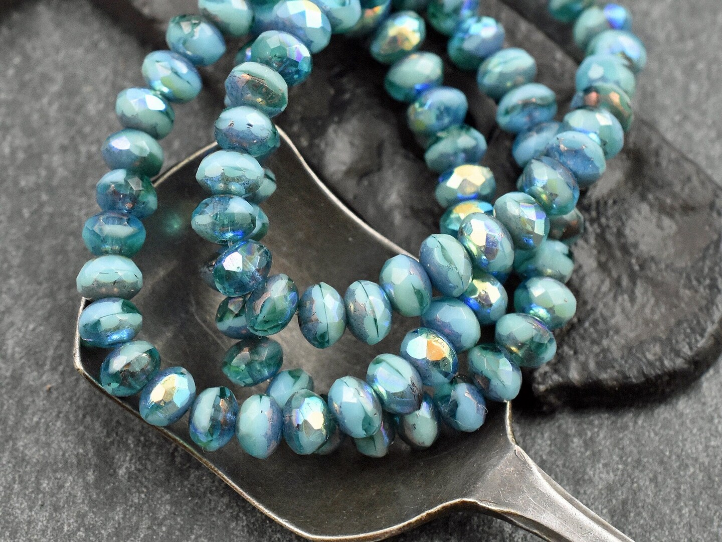 *30* 3x5mm Bronze Washed Blended Pacific Blue Turquoise AB Fire Polished Rondelle Beads
