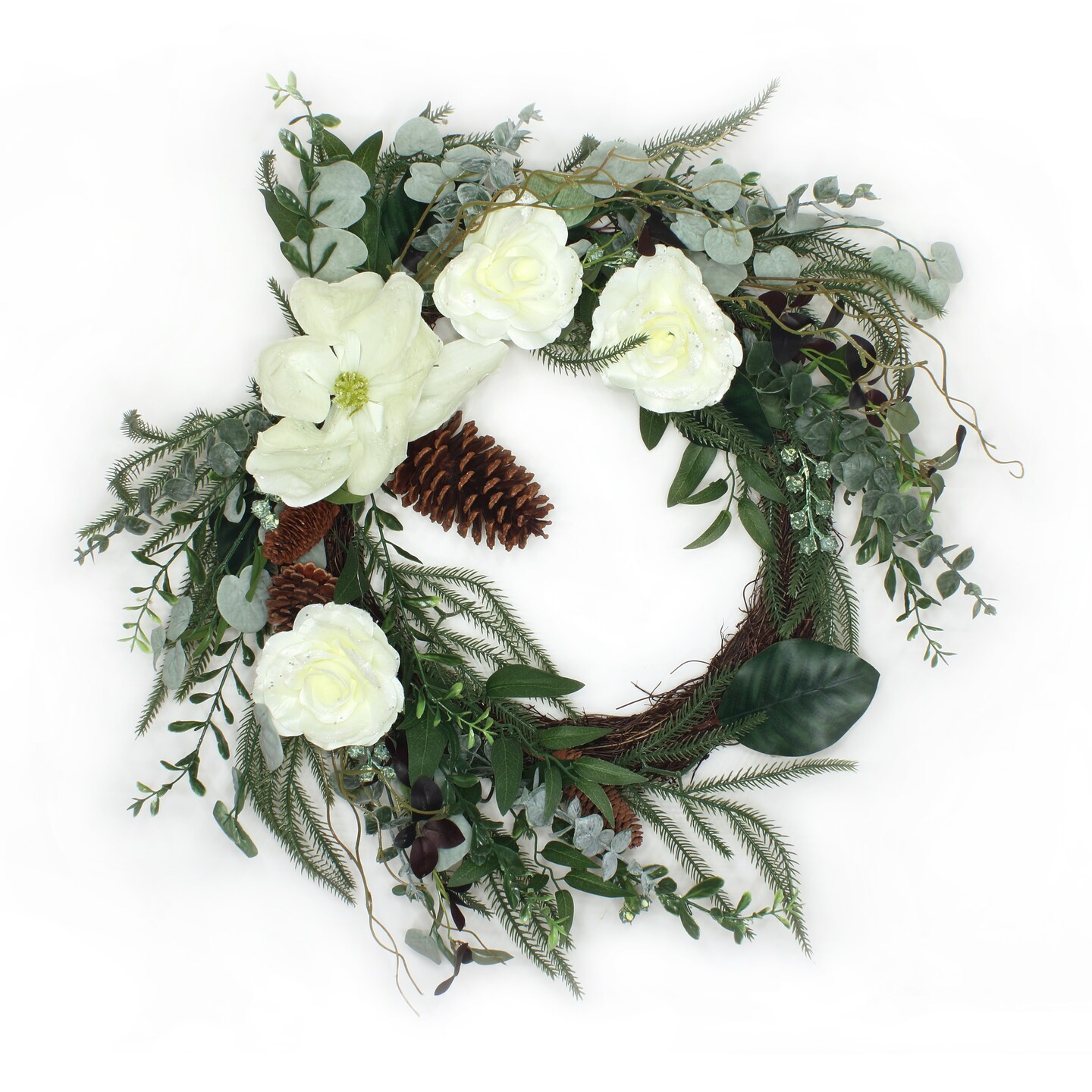 National Tree Company Artificial Christmas Wreath, Green, Floral Mixed Greens, White Magnolia, White Roses, Pine Cones, 26 Inch