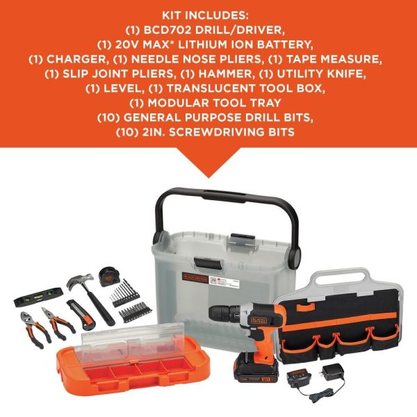 BLACK+DECKER 20V MAX* Cordless Drill With 28-Piece Home Project Kit (BCKSB29C1)