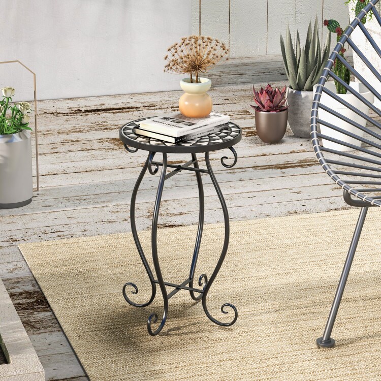 12" Round Ceramic Tile Table with Floral Mosaic Design and Metal Legs Ideal for Balcony or Deck