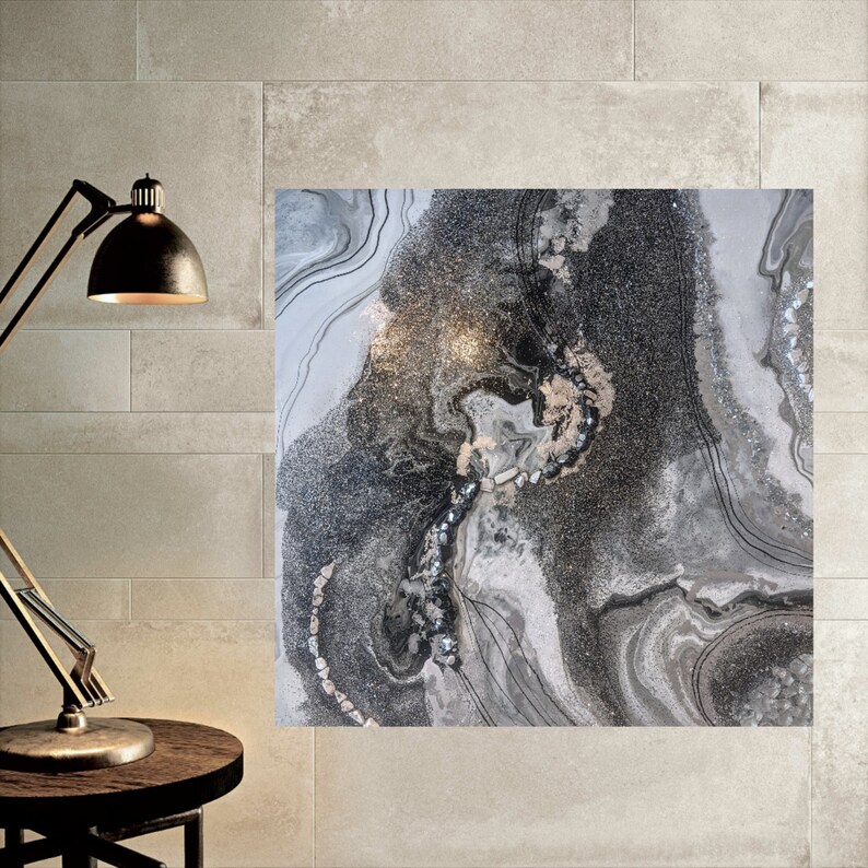 Geode Painting with Howlite and Obsidian, Black White Geode Art, Geode