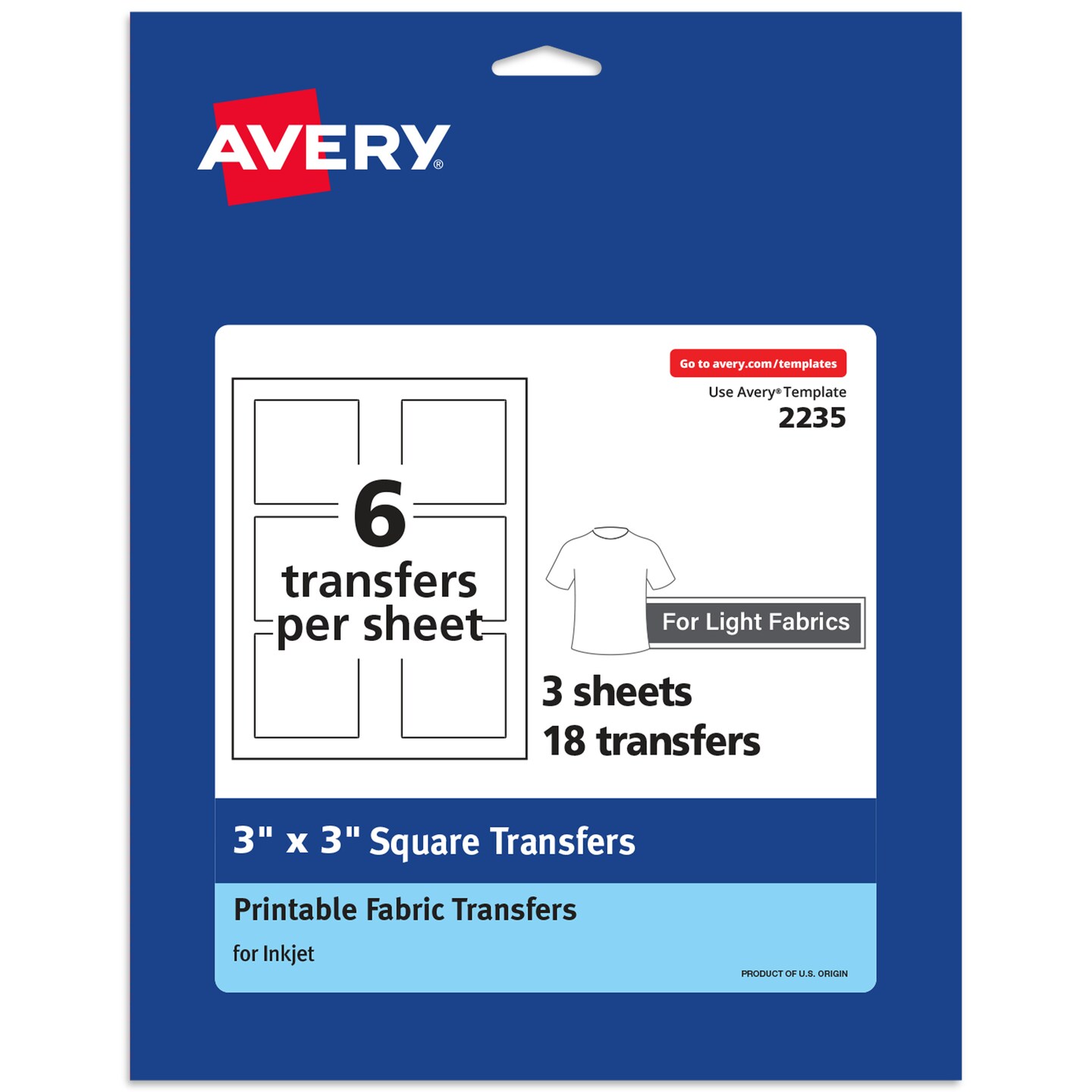 Avery Light Transfer Paper for T-Shirts, 3&#x22; x 3&#x22; Pre Die-Cut Iron-On Square Transfers, Print-to-the-Edge, 3 Sheets of Heat Transfer Paper, 18 Total (02235)