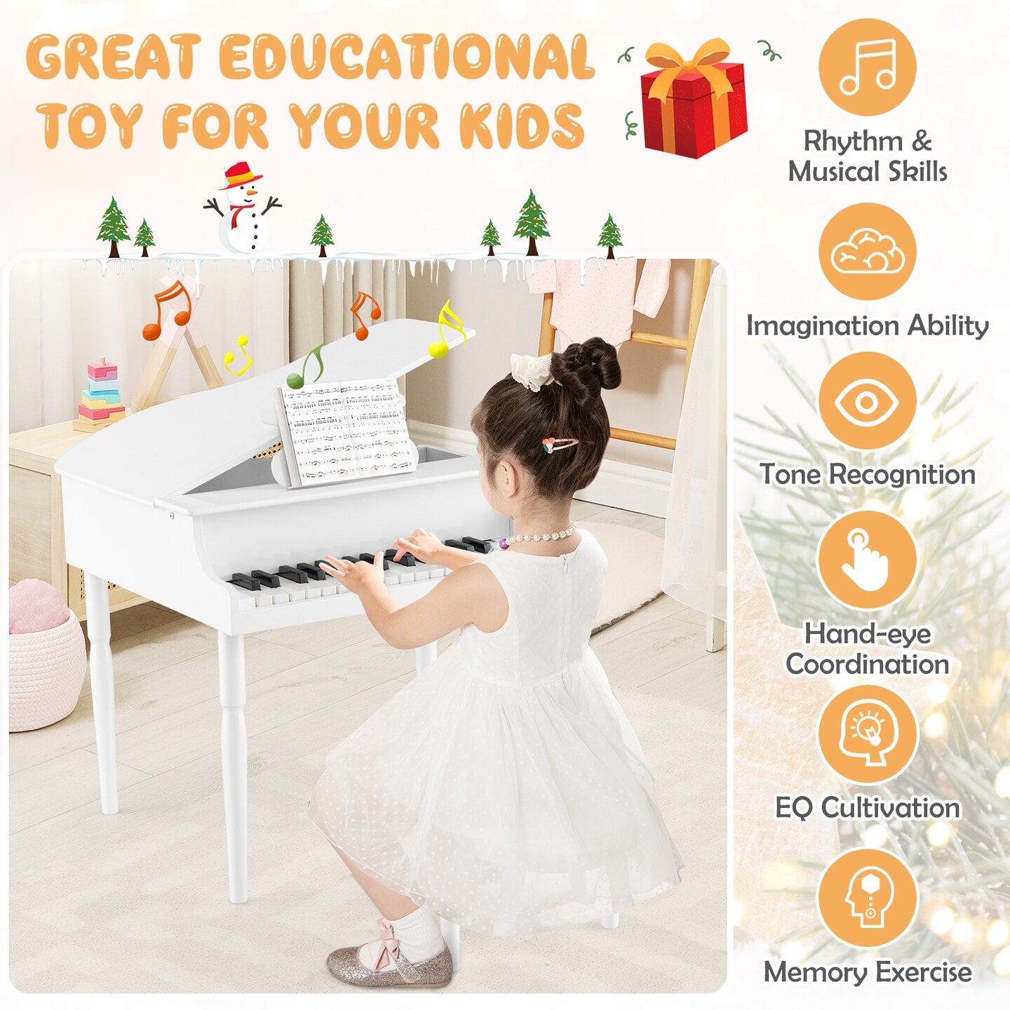 30-Key Wood Toy Kids Grand Piano with Bench and Music Rack