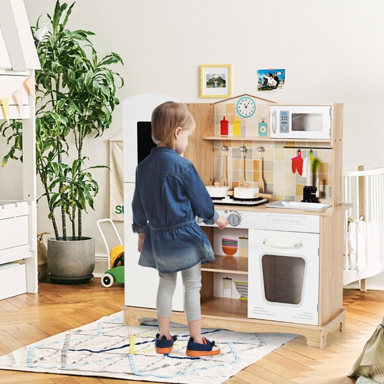 White Natural Kids Kitchen Playset with Stove Oven Sink and Cooking Accessories