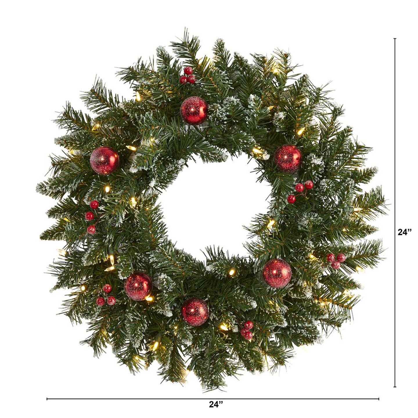 Nearly Natural 24&#x22; Frosted Artificial Christmas Wreath with 50 Warm White LED Lights, Ornaments and Berries