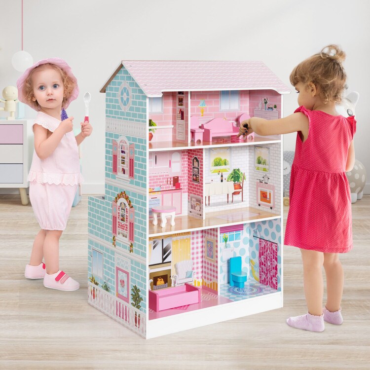 2-In-1 Double Sided Kids Kitchen Playset and Dollhouse with Furniture