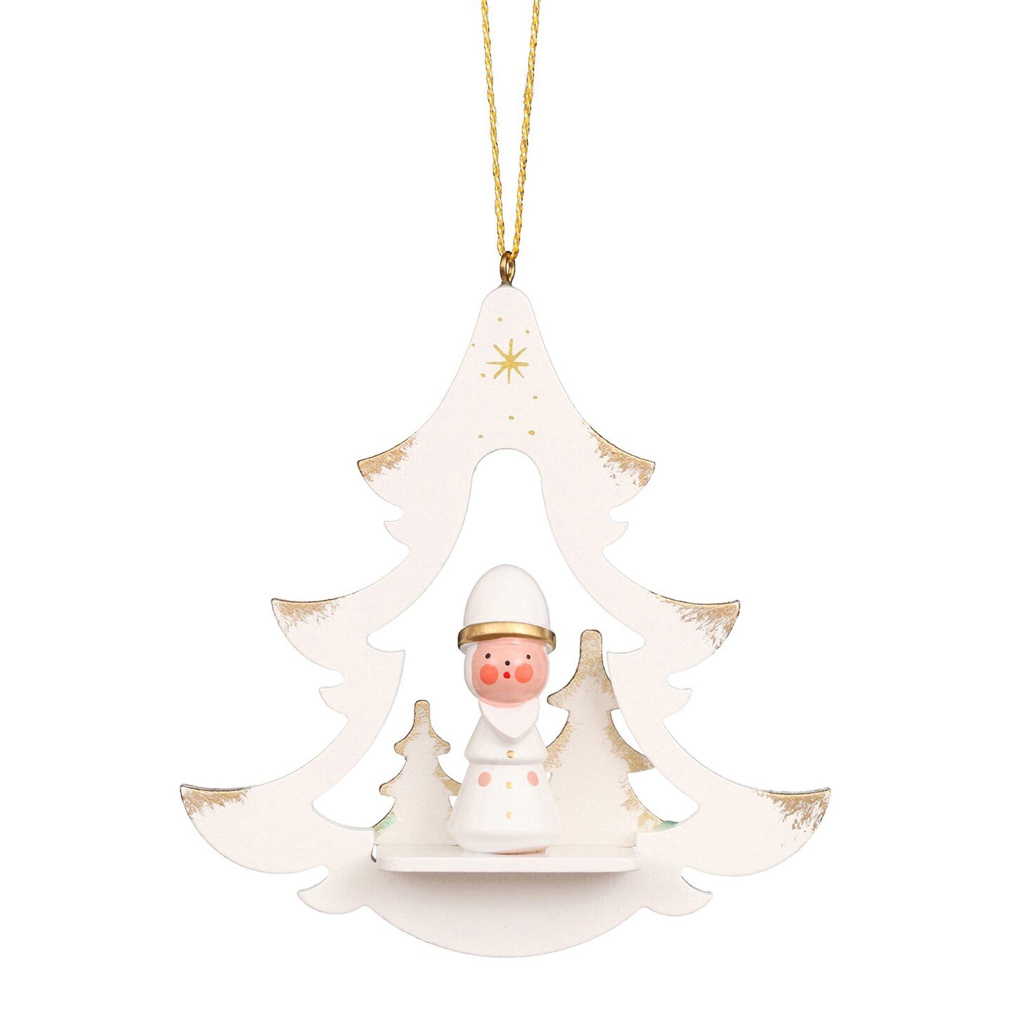 Christian Ulbricht Holiday Seasonal Decorative Ornament - White Star With Santa and Trees - 4&#x22;H x 3.25&#x22;W x 1&#x22;D
