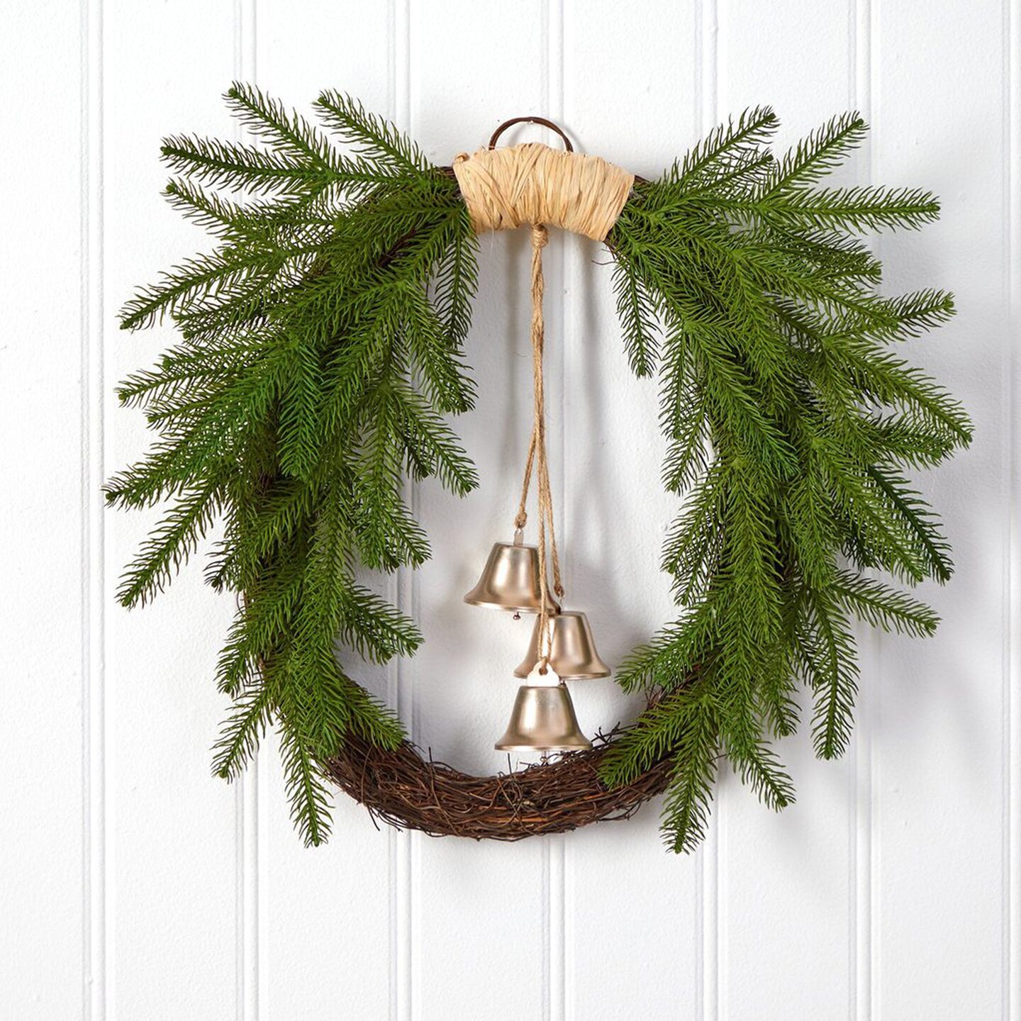 Nearly Natural 24"D Holiday Christmas Decorative Pine and Hanging Bells Wreath