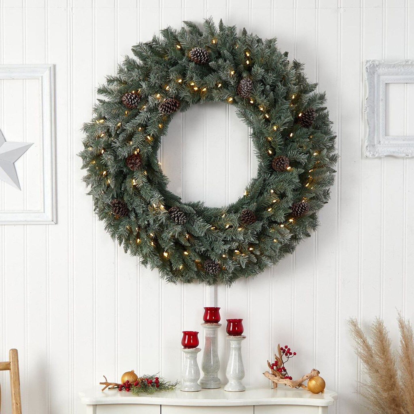Nearly Natural 4&#x27;D Large Flocked Artificial Christmas Wreath with Pinecones, 150 Clear LED Lights and 360 Bendable Branches