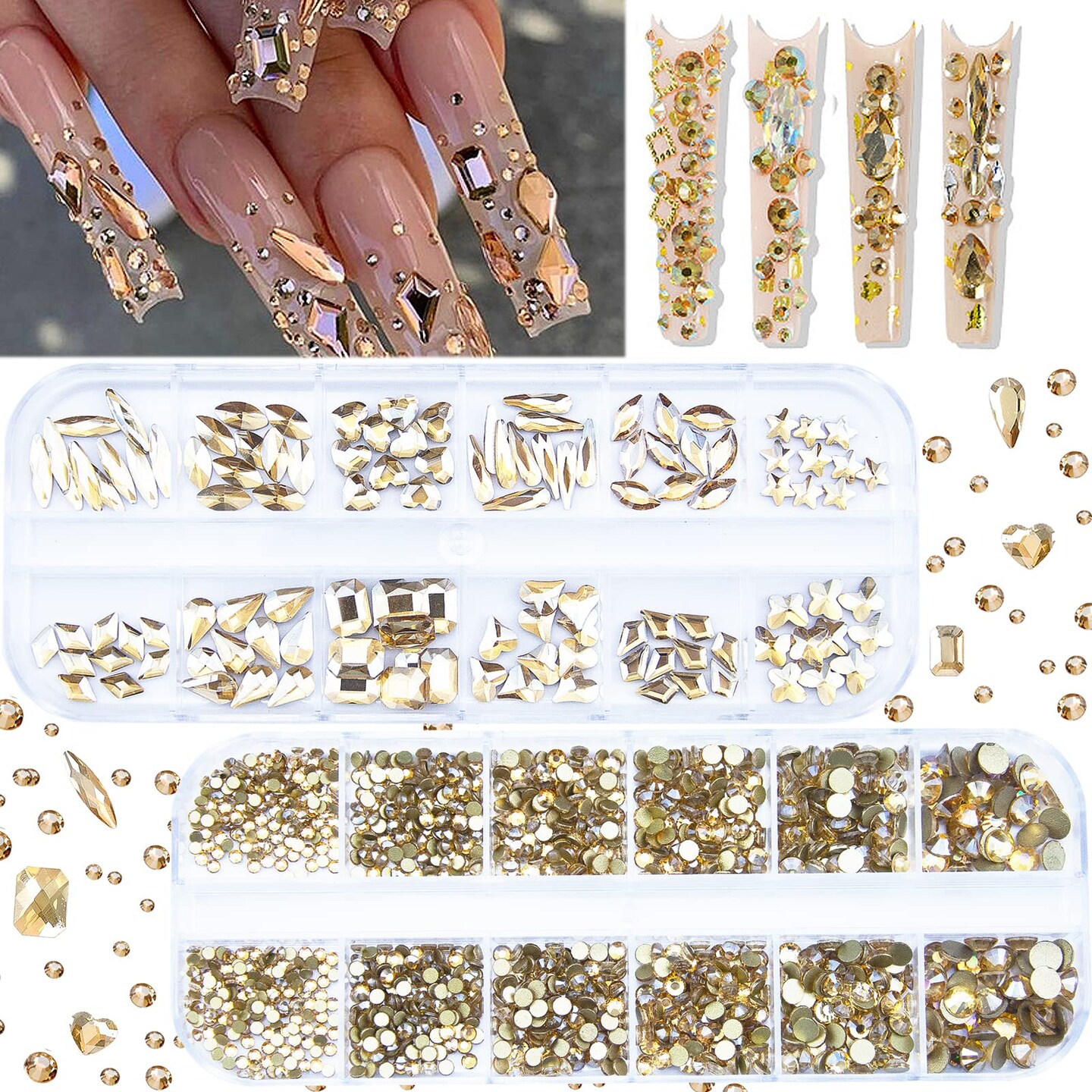 2120Pcs Champagne Gold Crystal Nail Rhinestones Round Beads Multi Shapes Sizes Flatback Glass Gems Stones for Nail DIY Crafts Clothes Shoes Jewelry