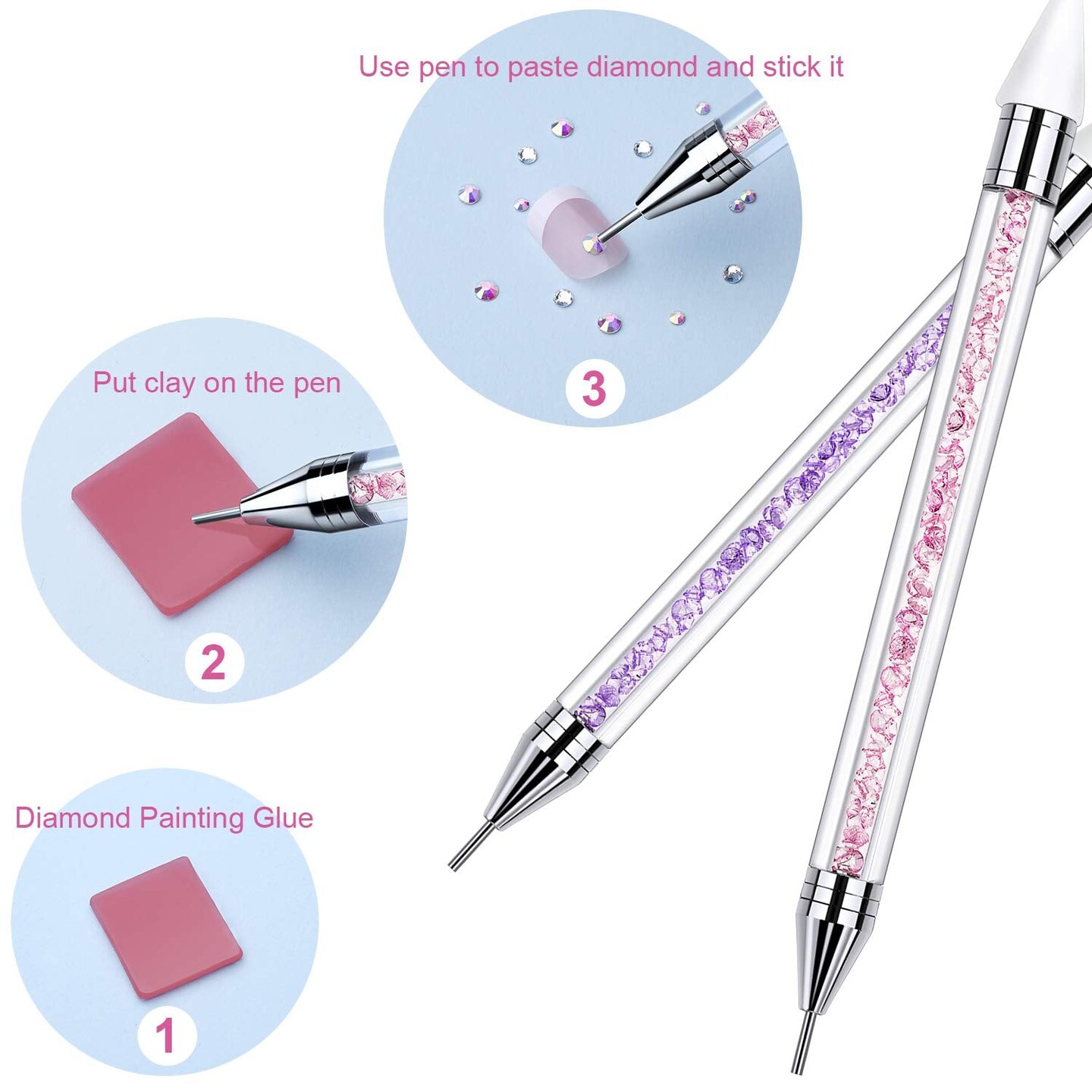 2 PCS Rhinestone Picker Dotting Pen, Dual-ended Rhinestone Gems Crystals Studs Picker Wax Pencil Pen Crystal Beads Handle Manicure Nail Art DIY Decoration Tool (Pink Purple)