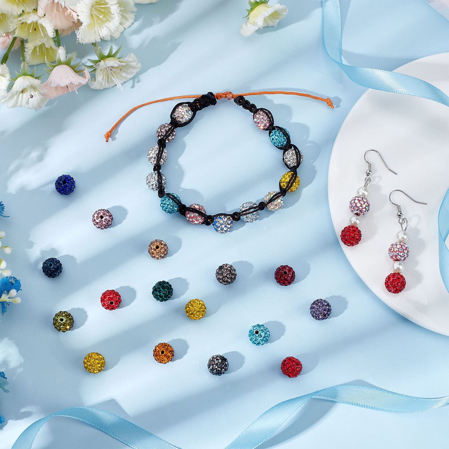 100 Pieces 10mm Crystal Beads Rhinestones Beads Pave Disco Ball Beads Mixed Color Polymer Clay Diamond Round Beads for Summer Bling Pen Bracelet Necklace Earring Jewelry Making Christmas