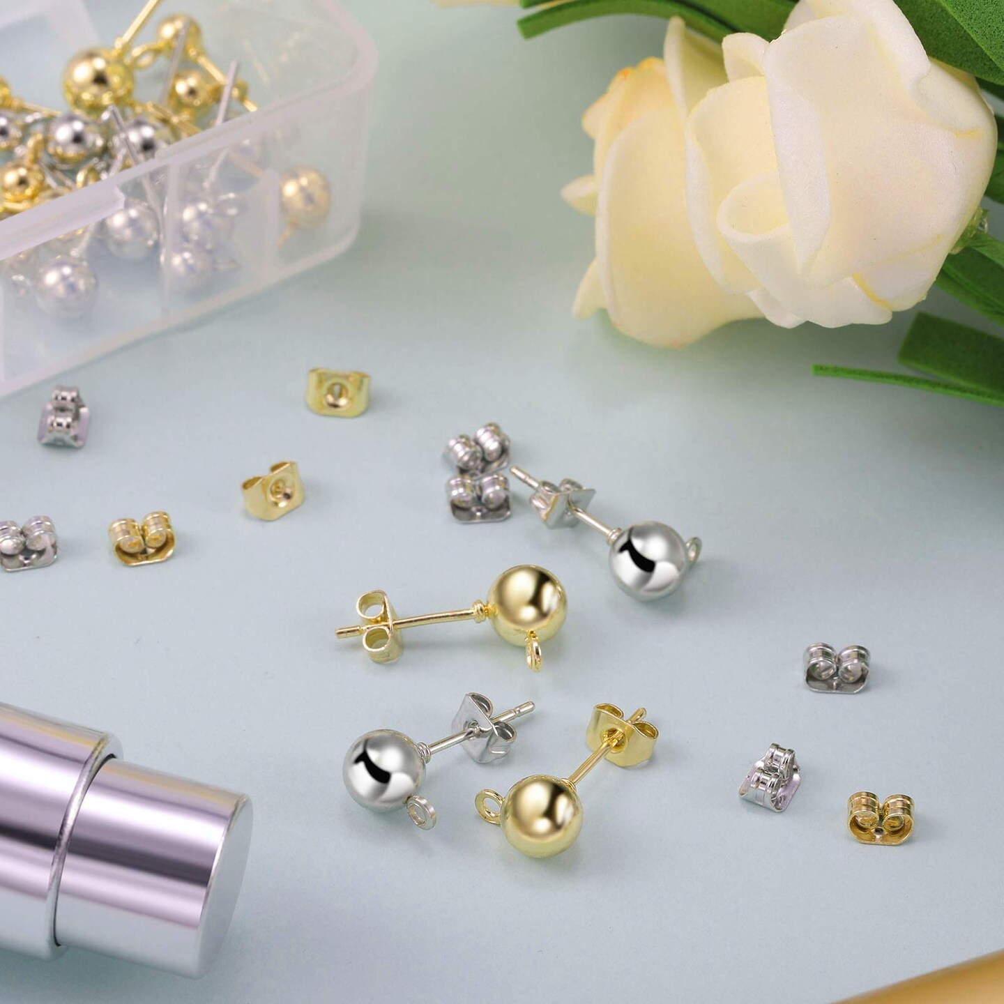 180 PCS Ball Post Earring Stud with 200 Pieces Butterfly Ear Back Earrings with Loop for DIY Jewelry Making Findings, 4 mm 5 mm 6 mm (Silver, Gold)