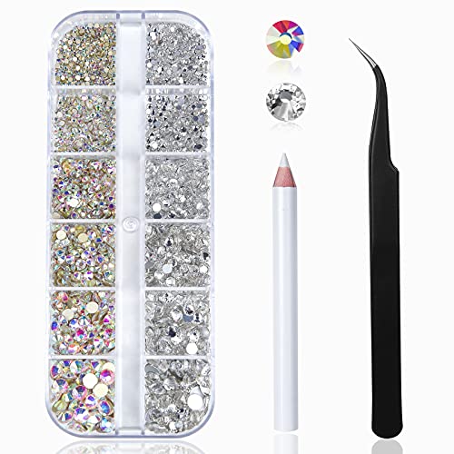 2400 Pieces Nail Art Rhinestones Kit Nail Gems Ab Flatback Rhinestones Gems Stones, with Storage Organizer Box/Wax Pencil/Tweezers 6 Sizes (1.5-4.5 mm) for Nail Art Craft (2400pcs)