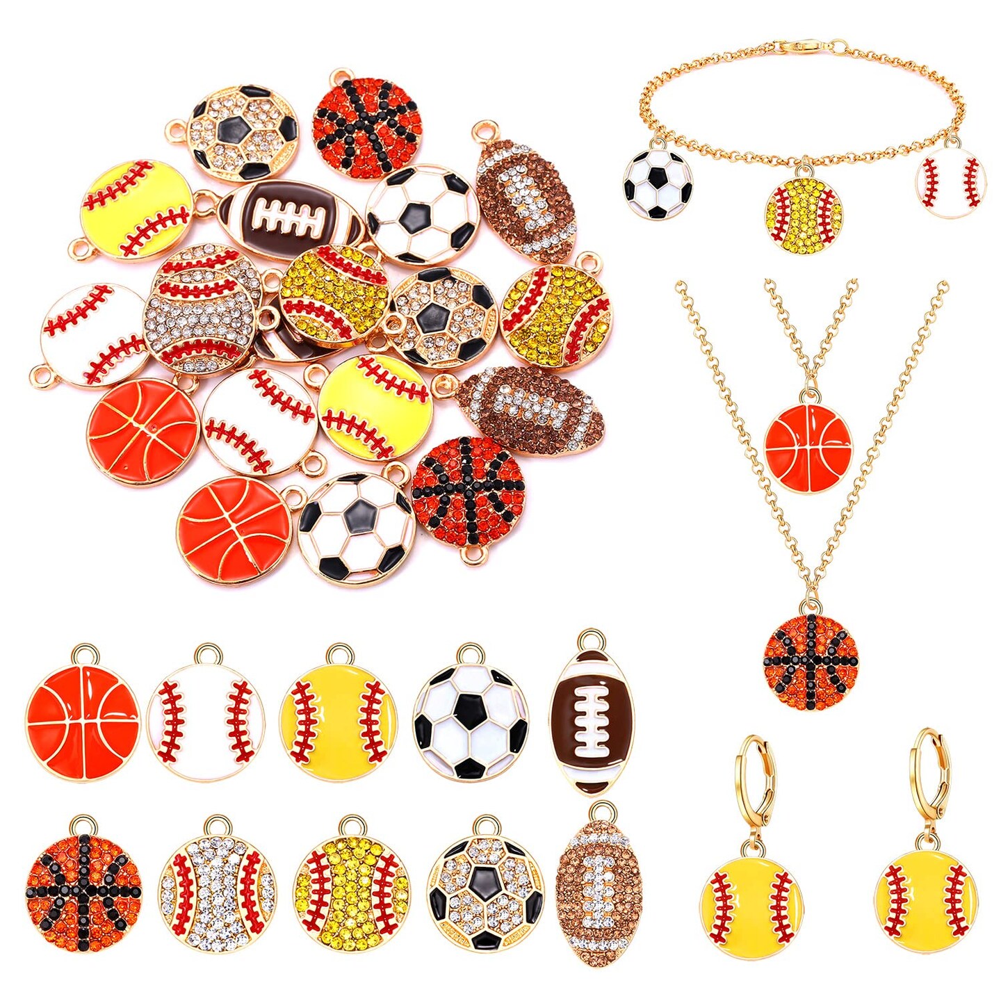 20 Pieces Sports Charms Enamel Basketball Baseball Pendant Charms for Jewelry Making Rhinestone Ball Game Softball Charms for Necklace Bracelet Earrings DIY Crafts (Set 1)