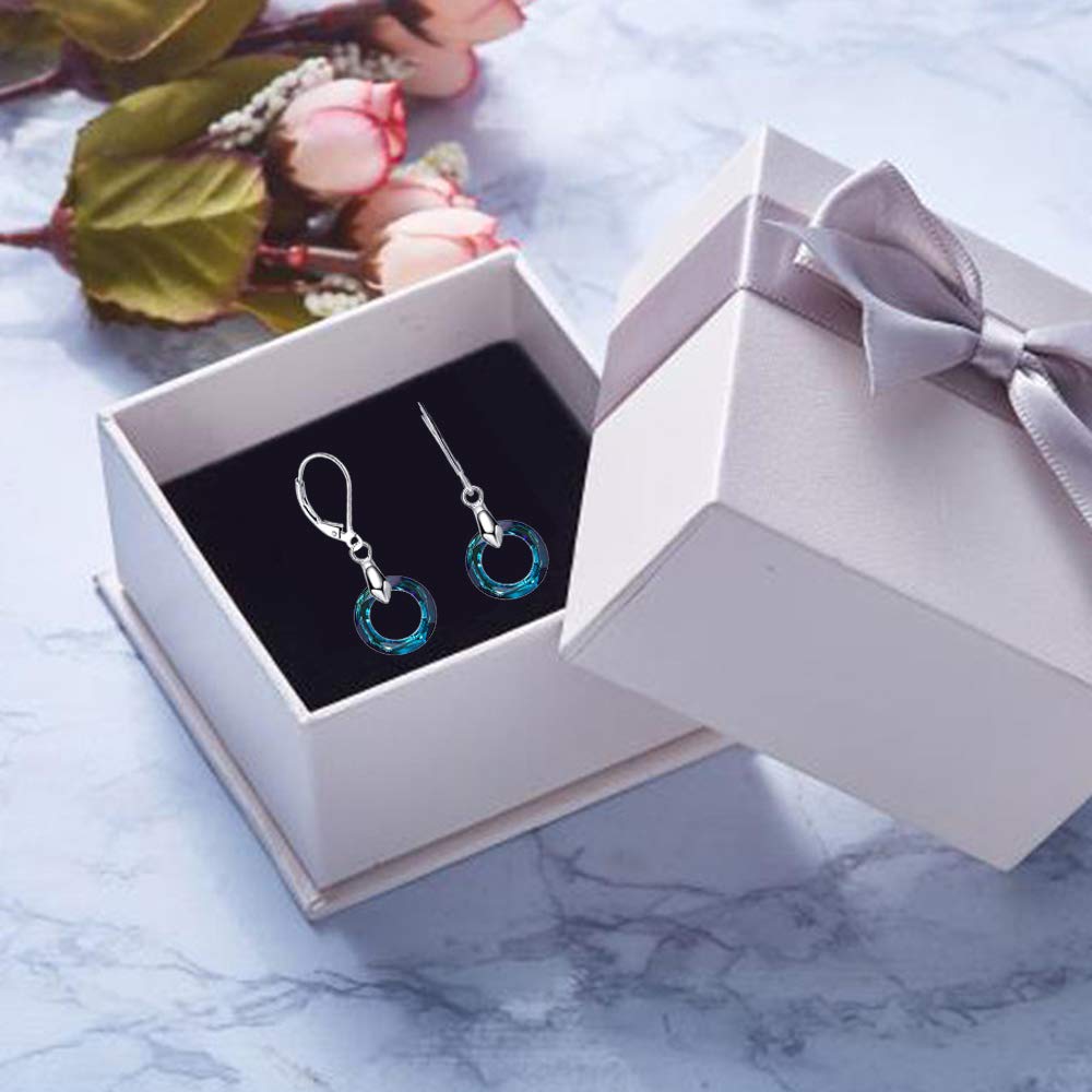 925 Sterling Silver Circle Earrings Austrian Crystal Leverback Earrings Jewelry Dangle Drop Earrings for Women (Bermuda Blue Crystal Earrings)