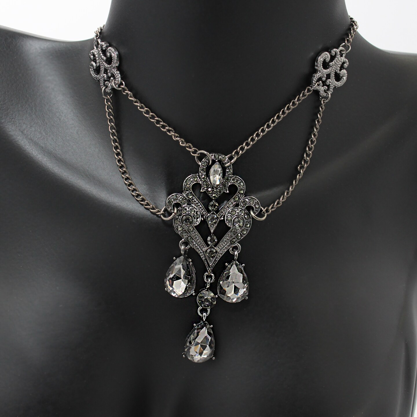 Vintage Crystal Chandelier Necklace with Emerald, Gray or