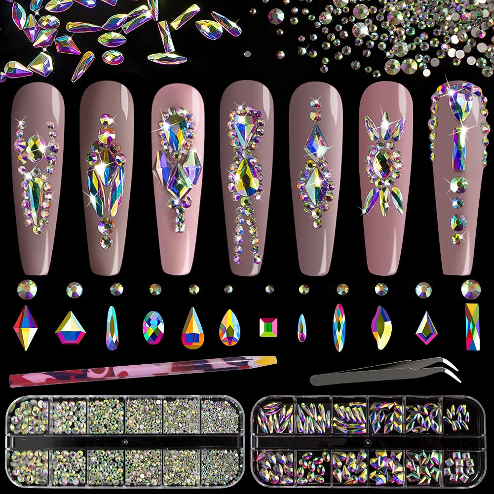 1720 Pieces Multi Shapes 3D Glass AB Crystal Nail Art Rhinestones Kit with Flatback Round Bead Charm Gem Stone Jewelry Diamond with Pickup Pen + Tweezer for Manicure Craft Decoration by BELLEBOOST (Iridescent)