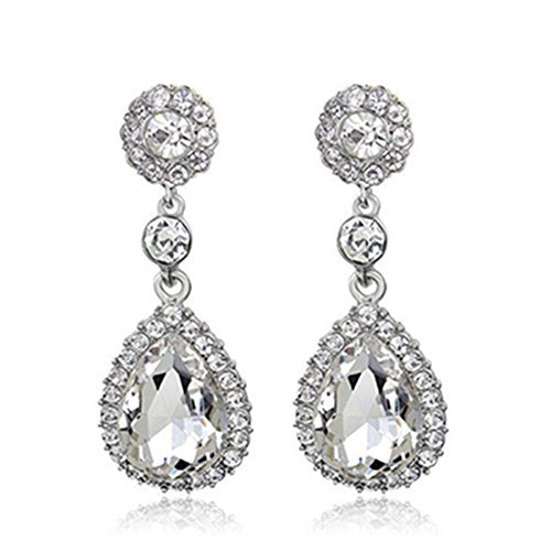 Austrian Cut Crystal Rhinestone Pierced Wedding Bridal Teardrop Drop Dangle Earrings (pierced-white)
