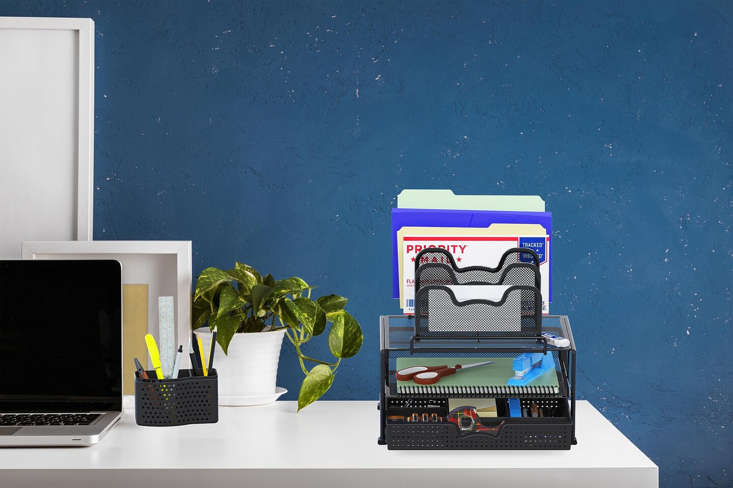 SimpleHouseware Mesh Desk Organizer with Sliding Drawer, Double Tray and 5 Stacking Sorter Sections, Black