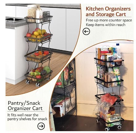 4-Tier Slim Fruit Basket, Wire Fruit Basket Stand Organizer for Snack Produce Onion, Potato, Fruit, Vegetable, Rolling Storage Rack on Wheels for Small Space in Kitchen
