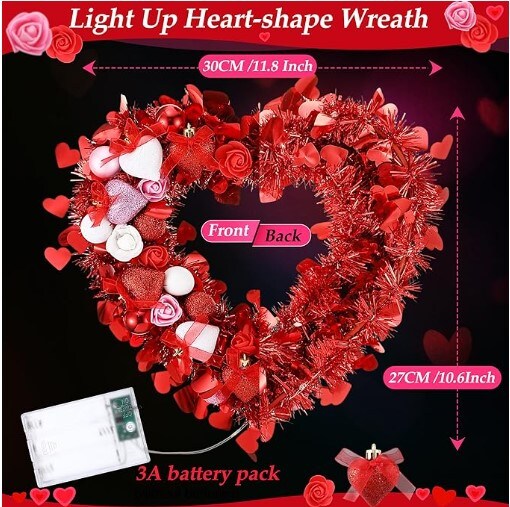 Lighted Valentine&#x27;s Day Wreath Heart Rose Wreath for Front Door Romantic Decor with Timer Light Up Rose Heart Wreath with Glitter Heart Red Pink White Lights for Valentine&#x27;s Day Wedding.