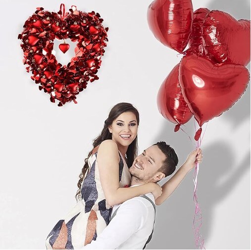 Tinsel Heart Shaped Wreath for Valentine's Day Red Heart Wreath Heart Balls. Valentine's Day Decorations for Front Door Wedding Party Anniversary Wall Decor Gift for Girls Mother's Day