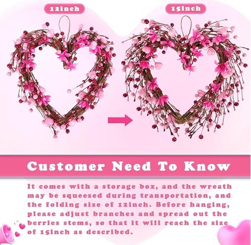 Valentine&#x27;s Day Wreaths: 15&#x27;&#x27; Heart Shaped Wreaths for Front Door with 20 LED Pink Red Heart Shaped Berry Door Wreath for Valentine&#x27;s Day Decorations, Anniversary, Wedding Wall Home Decor Gifts