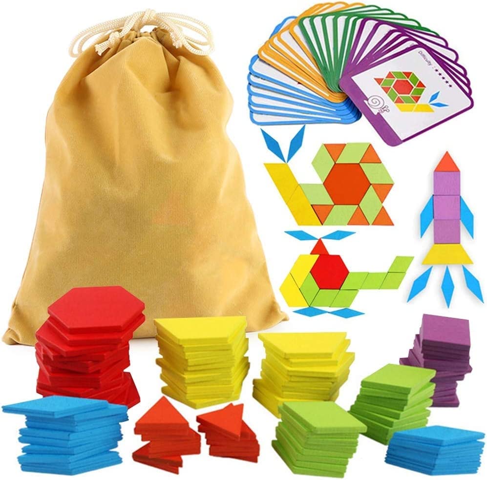 209 Pieces Wooden Pattern Blocks, Geometric Shapes Blocks Pattern Blocks with Cards Tangram Puzzles for Kids Educational Tangram Toys