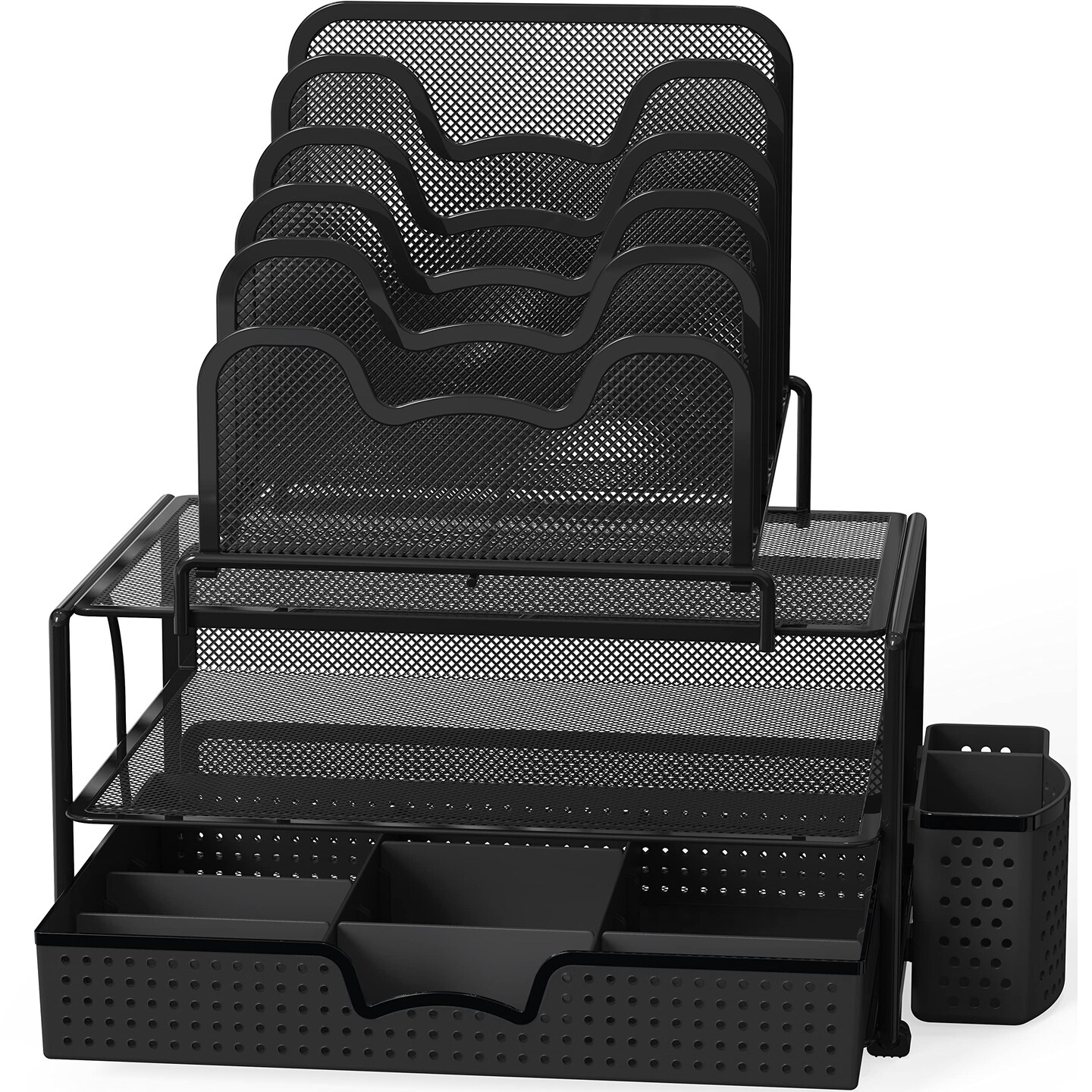SimpleHouseware Mesh Desk Organizer with Sliding Drawer, Double Tray and 5 Stacking Sorter Sections, Black