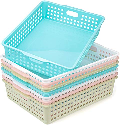 Lawei 8 Pack Plastic Storage Baskets - Colorful Paper Organizer Baskets Plastic Shelf Bins with Handles, Classroom Office File Holder for Home Office School