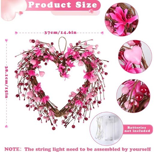 Valentine&#x27;s Day Wreaths: 15&#x27;&#x27; Heart Shaped Wreaths for Front Door with 20 LED Pink Red Heart Shaped Berry Door Wreath for Valentine&#x27;s Day Decorations, Anniversary, Wedding Wall Home Decor Gifts