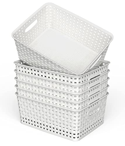 Woven Plastic Storage Baskets, 6 Pack White Weave Bins Organizer, 10.1&#x22; x 7.55&#x22; x 4.1&#x22;