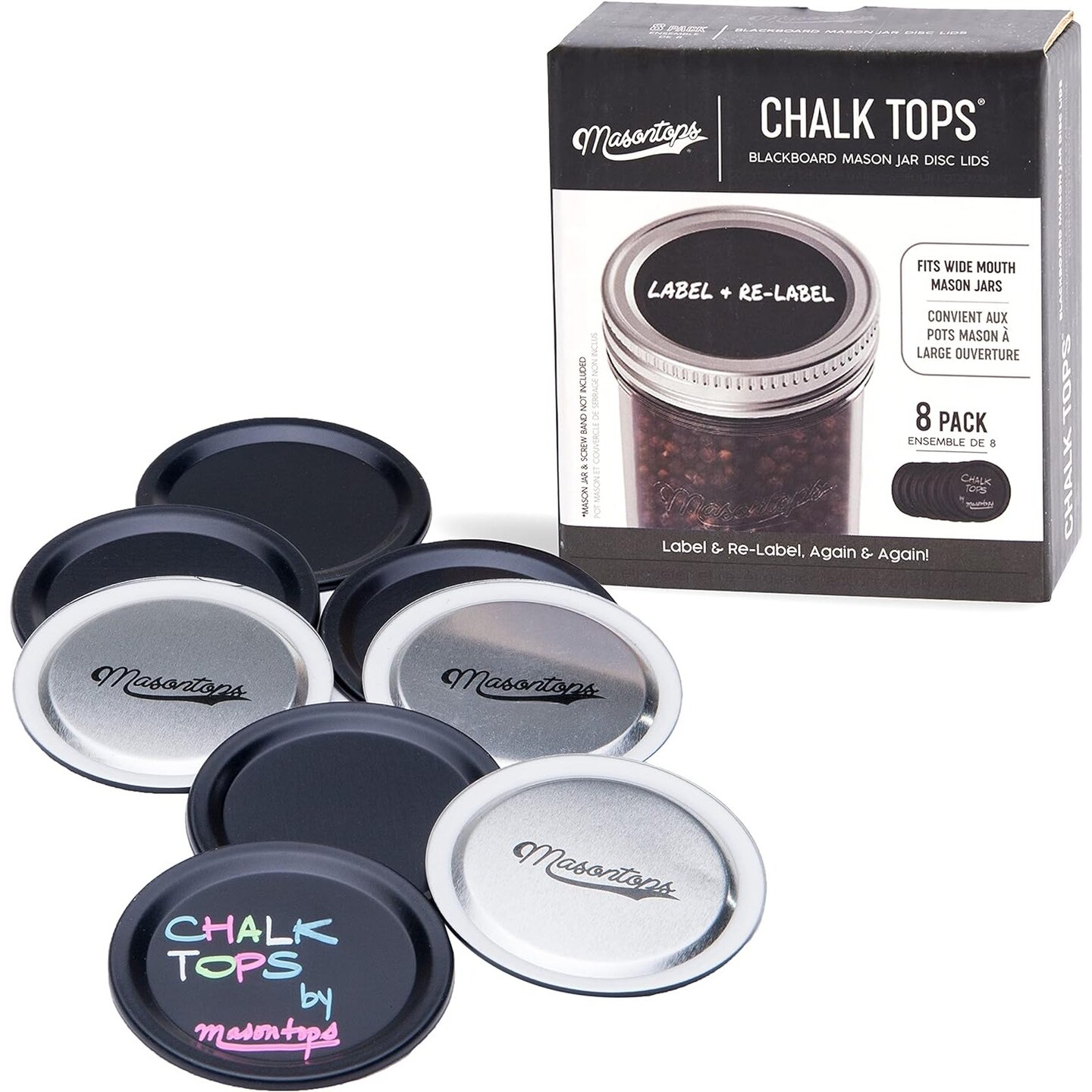 Chalk Tops - Reusable Chalkboard Lids for Mason Jars - 8 Pack - Wide Mouth