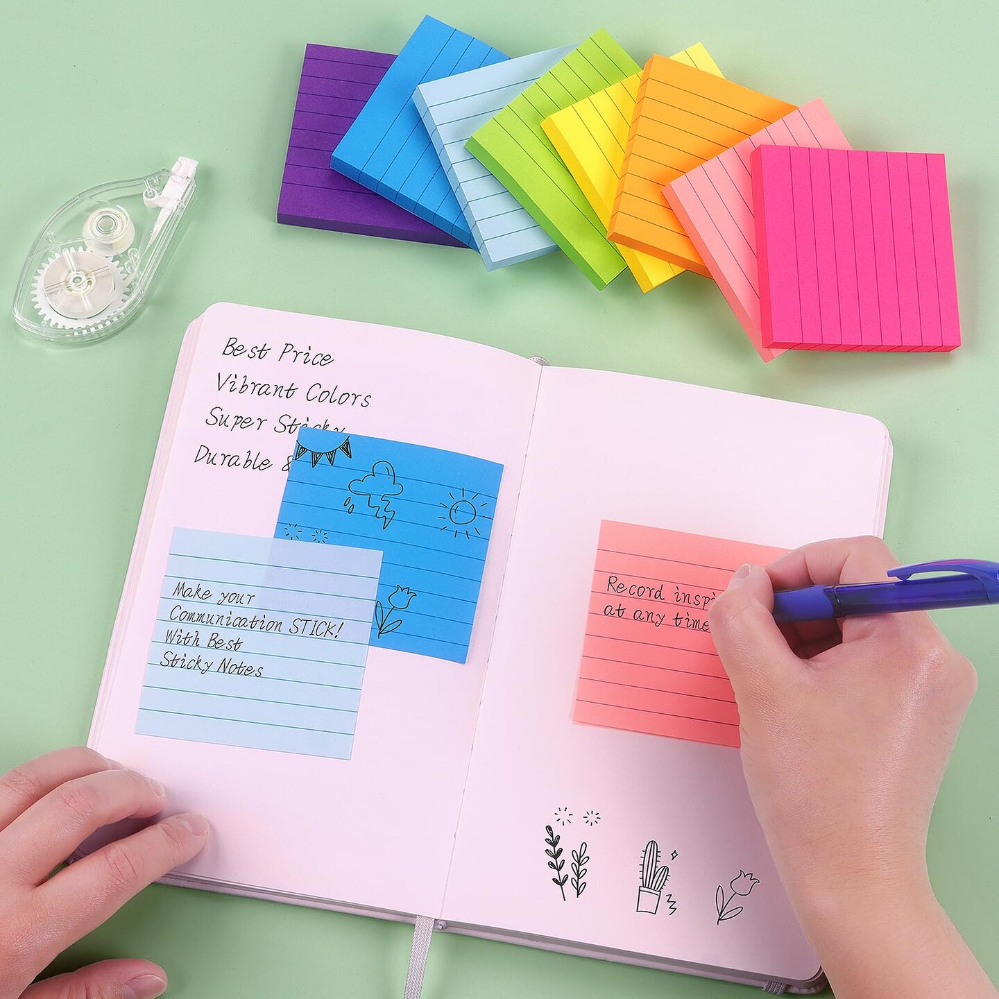 8 Pads Lined Sticky Notes 3x3 Sticky Notes with Lines Self-Stick Note Pads 8 Bright Multi Colors, 85 Sheets/Pad