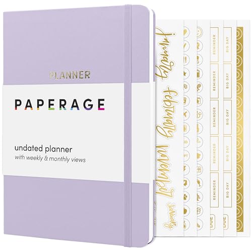 PAPERAGE Undated Weekly &#x26; Monthly Hardcover Planner (Lavender), 5.7 in x 8 in, Includes Dotted Note Pages &#x26; 8 Sticker Sheets