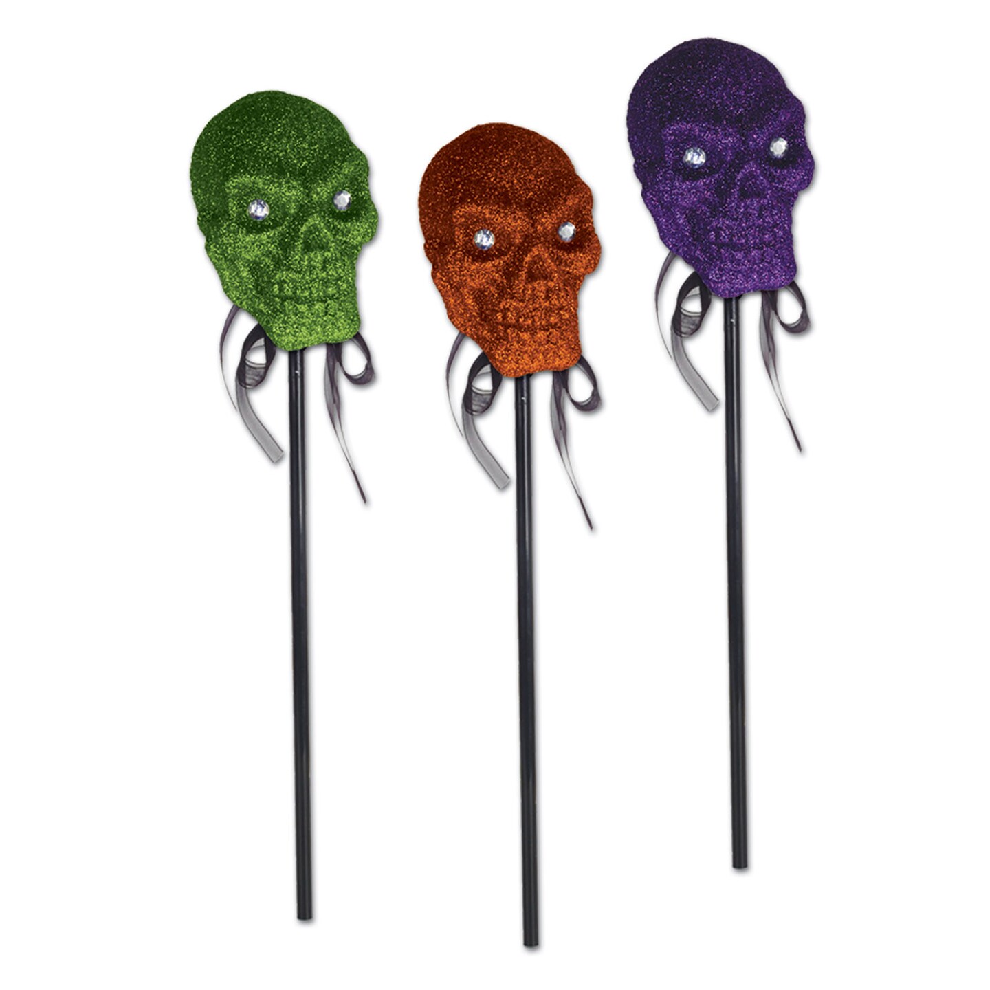 Beistle - Glittered Plastic Skulls with Stick - 16&#x22; - 12 Pack